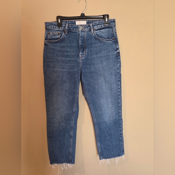 Topshop High Waisted Blue Straight Leg Raw Hem Jeans - Picture 1 of 3